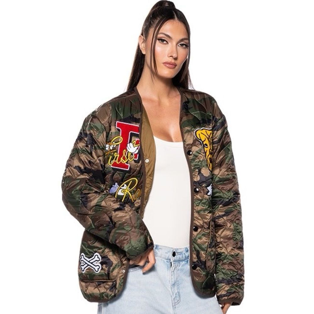 New First Row Camo Patch “ Keep it Simple”Bomber Jacket Womens S